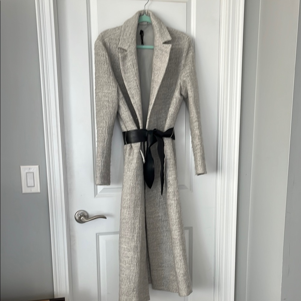 Chic Gray Long Coat with Black Belt